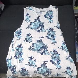 Floral Sleeveless Top - Blue and White